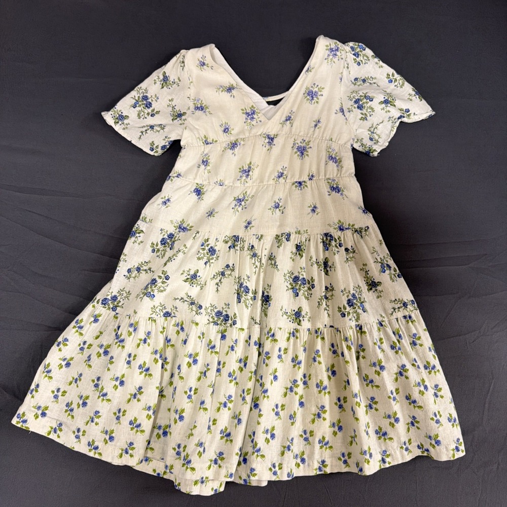Zara Girls Floral Tiered Dress Blue White Short Sleeve Size 8-9